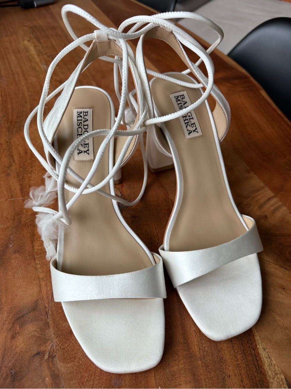 Badgley Mishka White Satin Lace-Up Block Heel Sandals